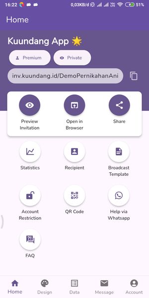 The Kuundang dashboard with your invitation link