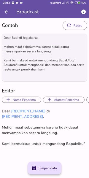 Tampilan Broadcast Template Editor